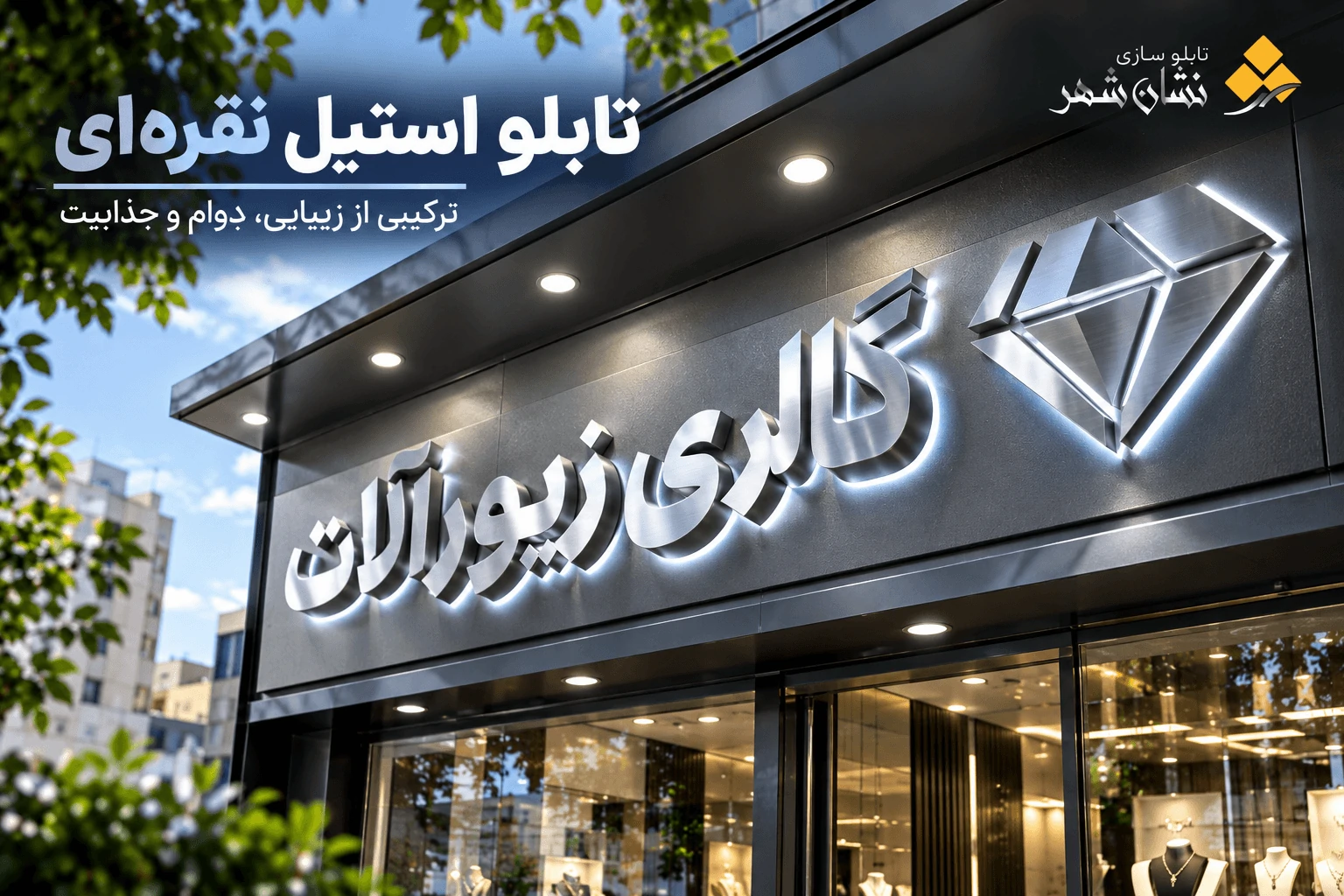 تابلو استیل نقره ای؛ انتخابی شیک، ماندگار و حرفهای برای نمای کسبوکار 3 تابلو استیل نقره ای